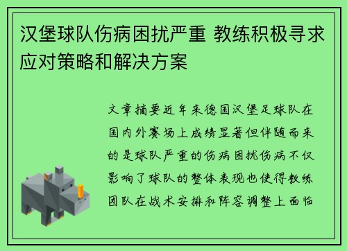 汉堡球队伤病困扰严重 教练积极寻求应对策略和解决方案