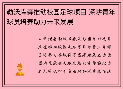 勒沃库森推动校园足球项目 深耕青年球员培养助力未来发展 勒沃库森推动校园足球项目 深耕青年球员培养助力未来发展