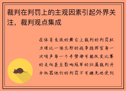 裁判在判罚上的主观因素引起外界关注，裁判观点集成