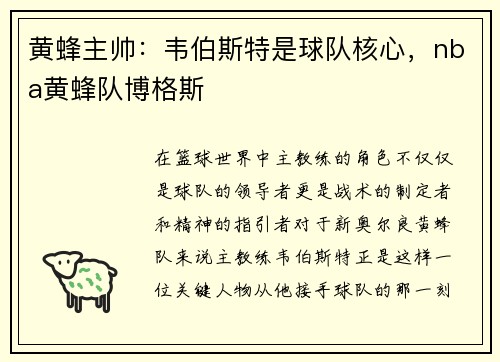 黄蜂主帅：韦伯斯特是球队核心，nba黄蜂队博格斯